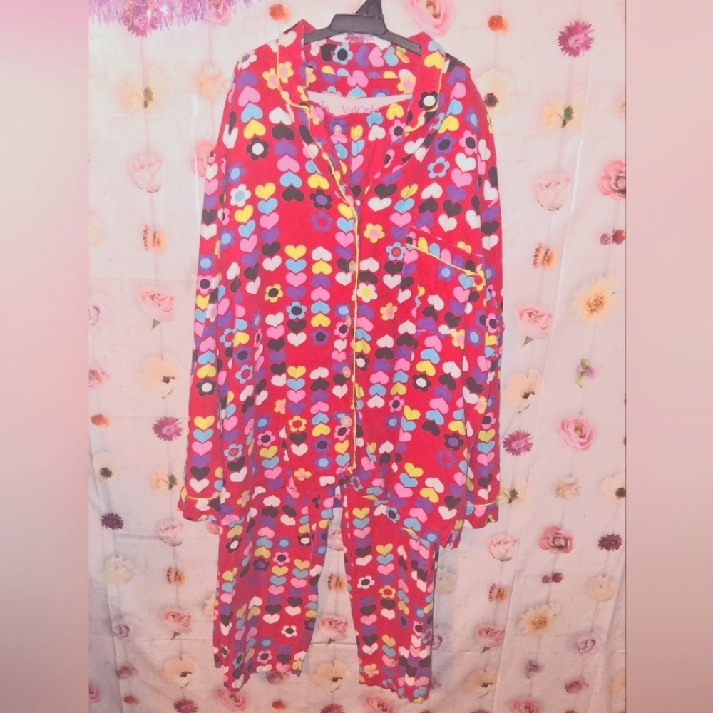 Victoria's Secret Pajama Set Green Label Hearts/Flowers Medium EUC